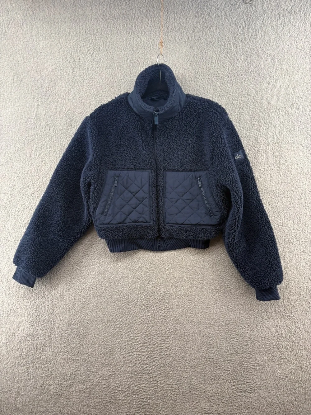 Alo Yoga Sherpa Edge Bomber Jacket Navy Cropped Teddy Fleece XS